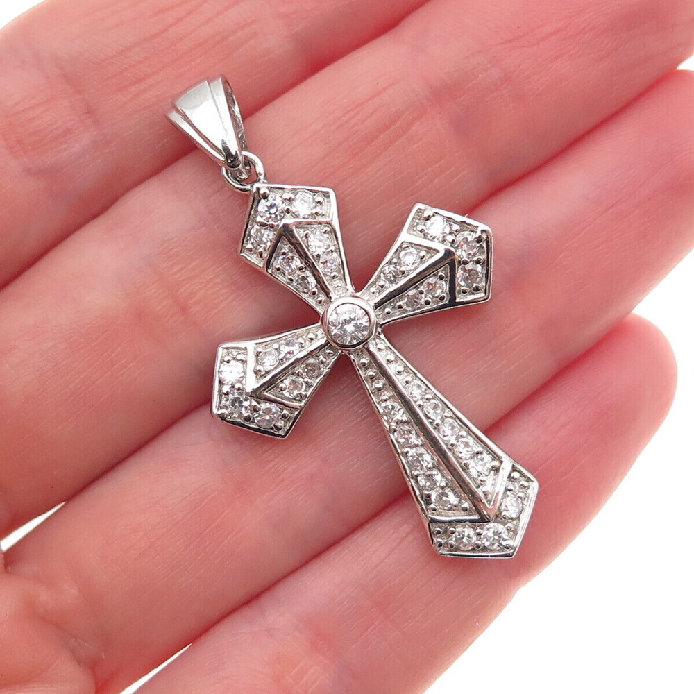 925 Sterling Silver Round-Cut C Z Cross Charm Pendant